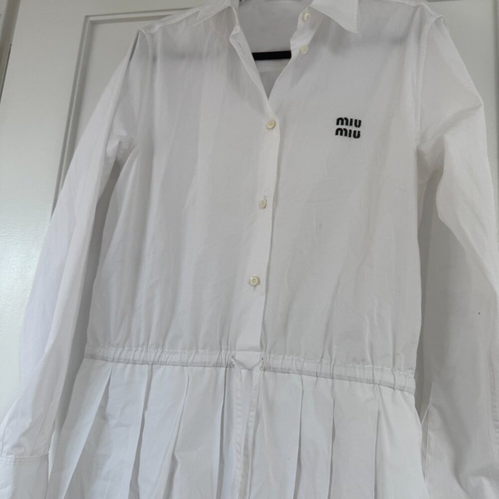 ❌SOLD❌NWT Miu Miu Shirt Dress Mini Length In White Sz 40 Long Sleeves Logo - Picture 5 of 9